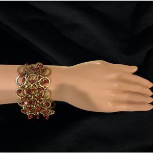Cuff-Style Bracelet, Gold-Toned with Red Beads Inside Circular Pieces, Vintage